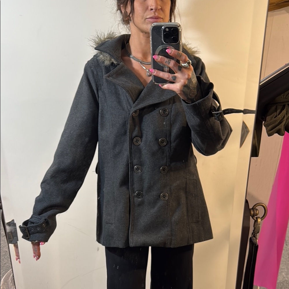 Women's Double-Breasted Gray Jacket with Faux Fur Trim - Picture 3 of 5